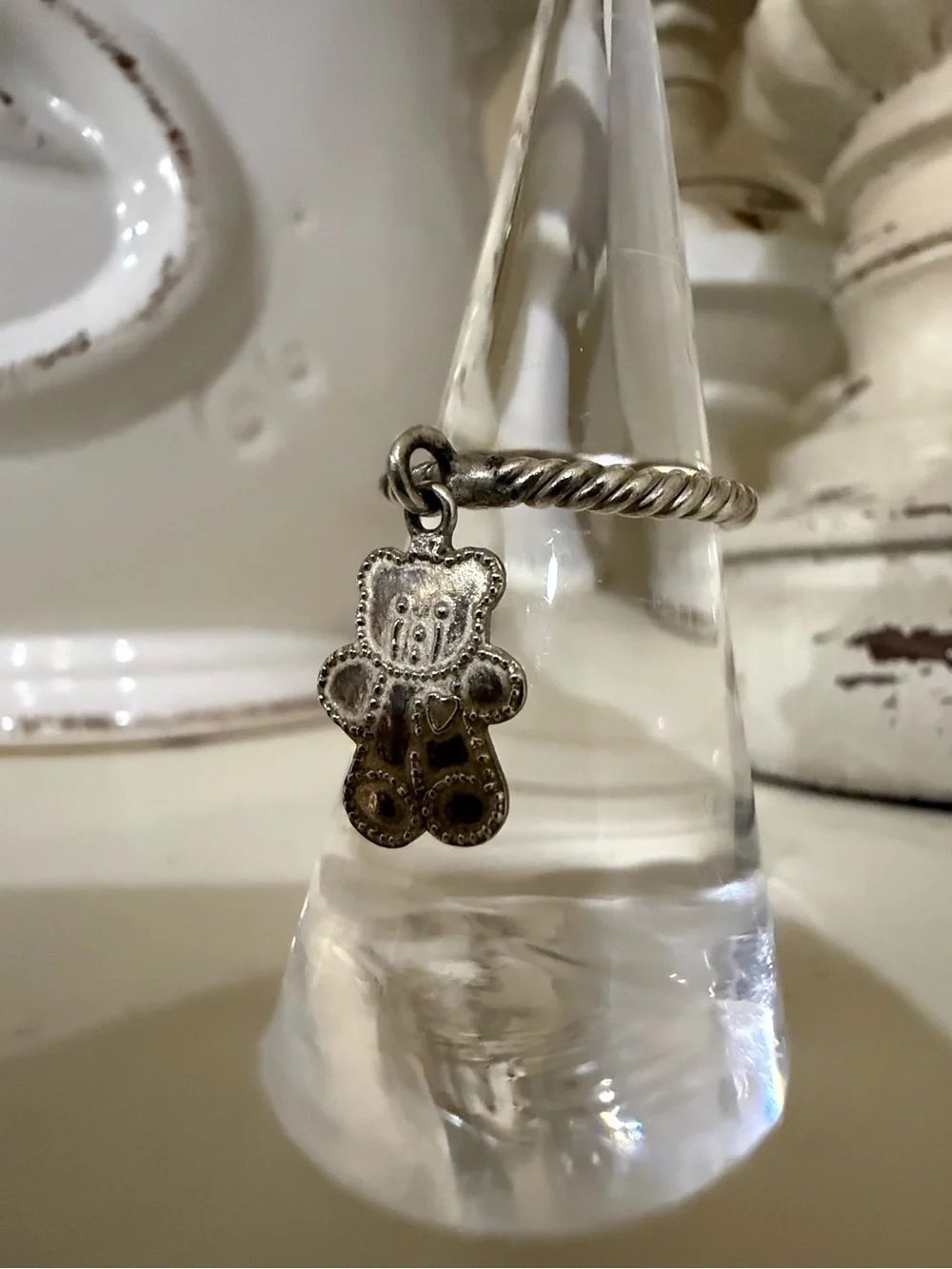 Vintage Sterling Silver Teddy Bear Charm Ring on Rope Band